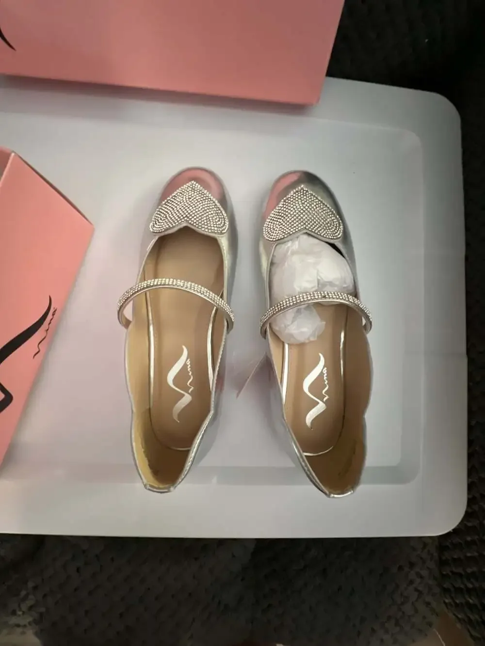 Nina Girls Diaz Silver Metallic Ballet Flats with Rhinestone Heart and Strap